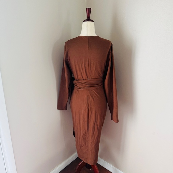 Audrey Leighton Brown V Neck Long Sleeve Midi Wrap Dress Size Large - Picture 7 of 12